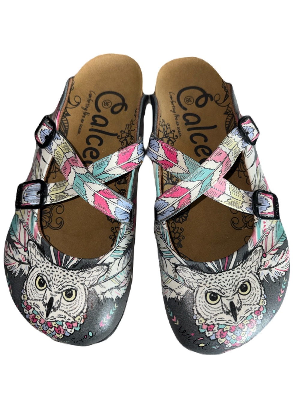 Calceo Women’s Gray Floral Owl Clog with Pink & Mint Accents